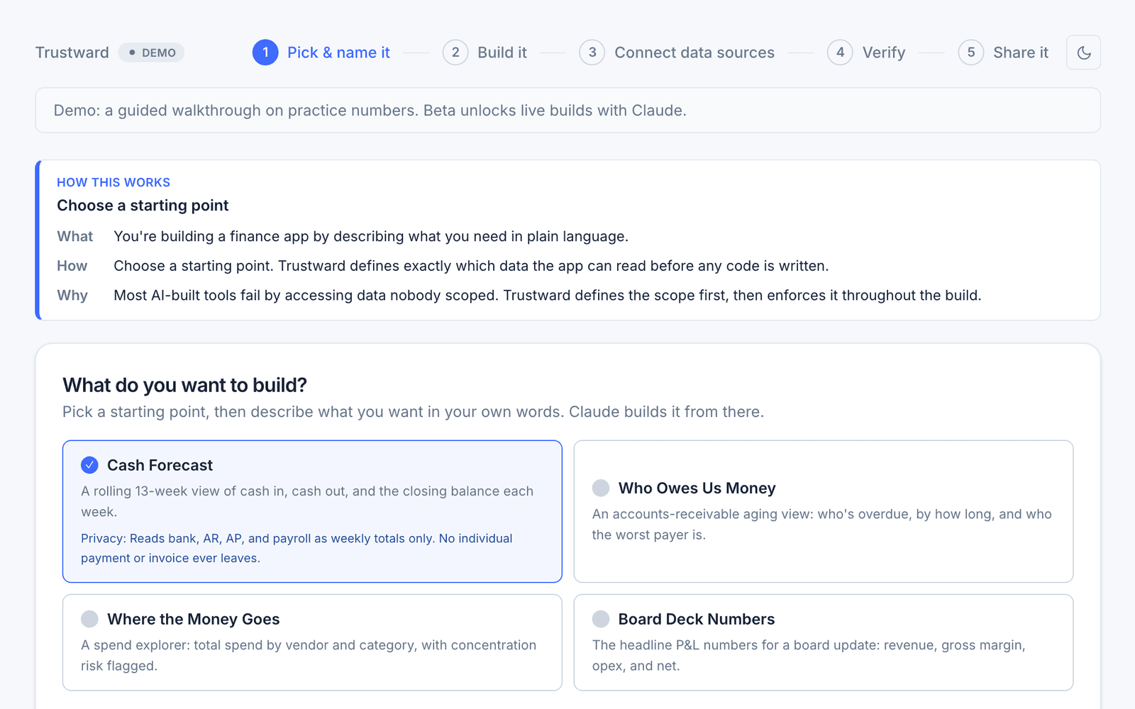 The build wizard's first step: finance starting points and a five-step rail, with the app's data scope listed before any code is written.